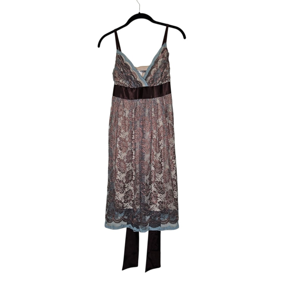Vintage Babydoll Y2K 90s Lace Midi Dress‎ Brown Ribbon Fairy Party Cocktail M